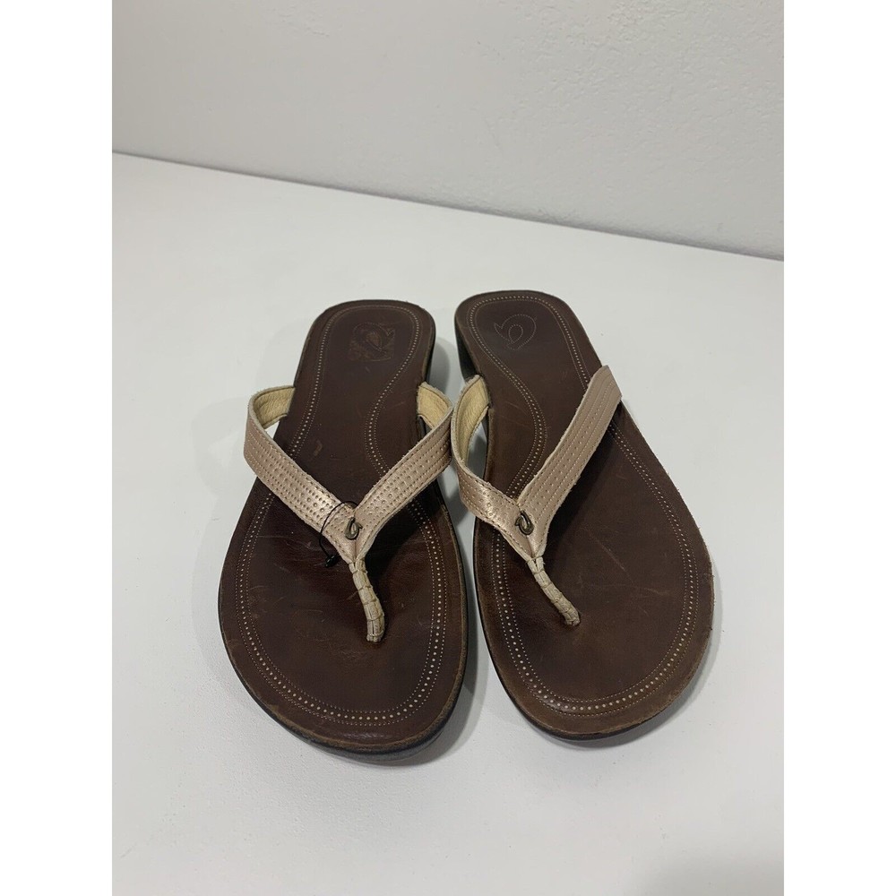 Olukai Women's Aukai Leather Wedge Sandals - Copper/Dark Java Size 10